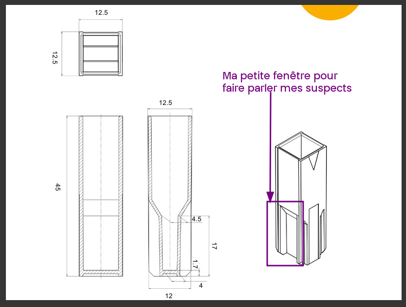 Capture d'écran d'un dessin technique de cuvettes transparentes pour spectométrie. Sur l'un des croquis est ajouté un encadré violet avec une flèche reliant au texte « ma fenêtre pour faire parler mes suspects »